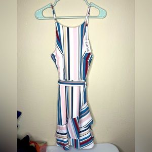 Fab’rik Boutique Multi Color Striped Spaghetti Strap Dress Tie Waist Size Small
